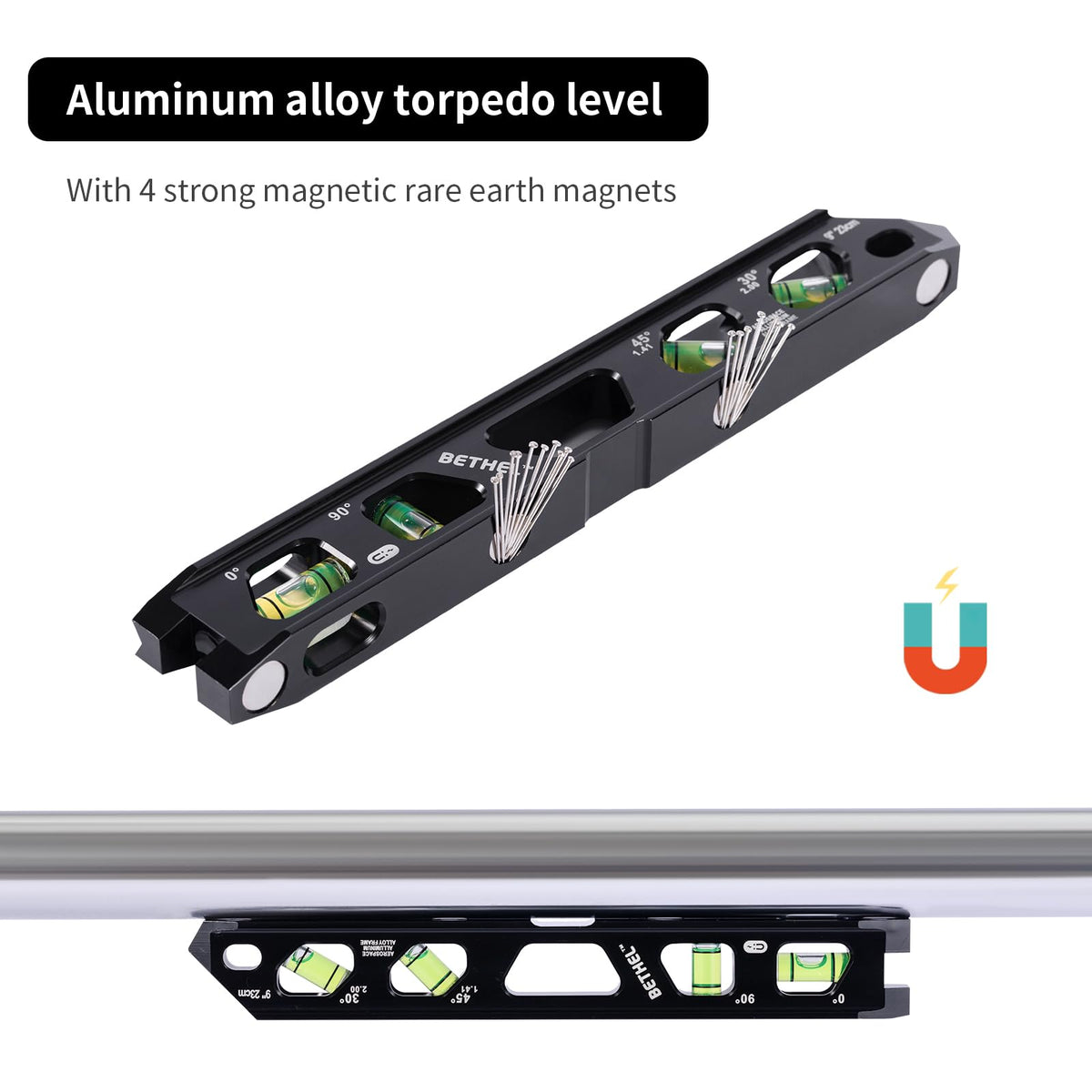 BETHEL 9 Inch Magnetic Torpedo Level with 4 Bubble Vials, V-Groove & Magnetic Rails, Black Aluminum Alloy Construction