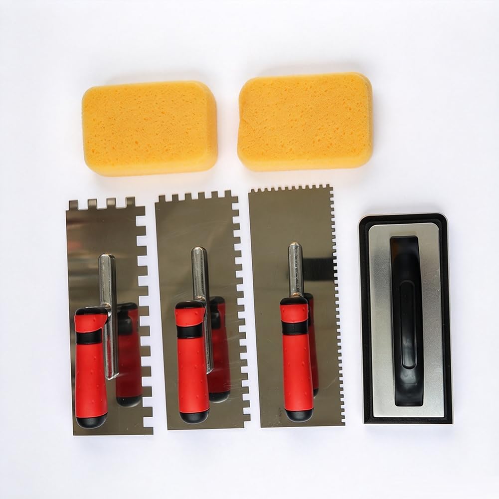 6 Pack Tile Tools Set, Stainless Steel Square Notch Trowel Set; Rubber Grout Float ; Grout Float Sponge for Mortar Tiling Installation Grouting