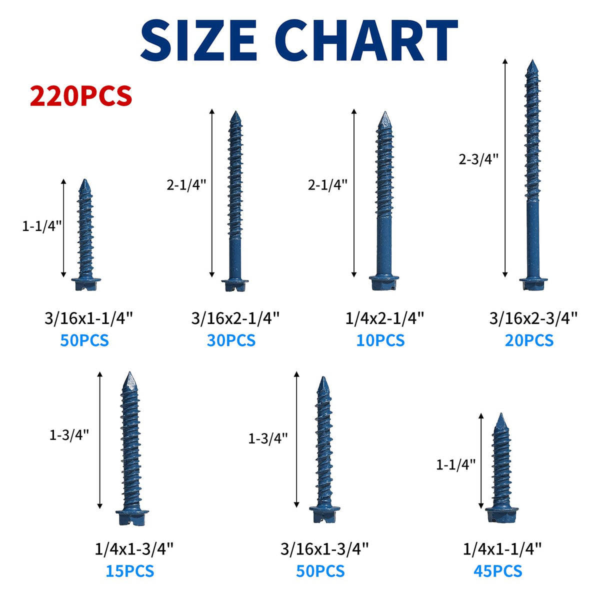 220Pcs 1/4" & 3/16" Hex Concrete Screw & Drill Bit Set, for Brick Masonry