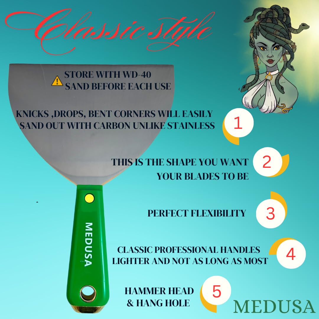 Medusa's Carbon and Blue Steel Drywall Taping Knife set with S.S. 12" Mud Pan And Grip: Classic Style Light Handles with Strong Flexible Blades, Note to Beginners All blades will Rust, watch video