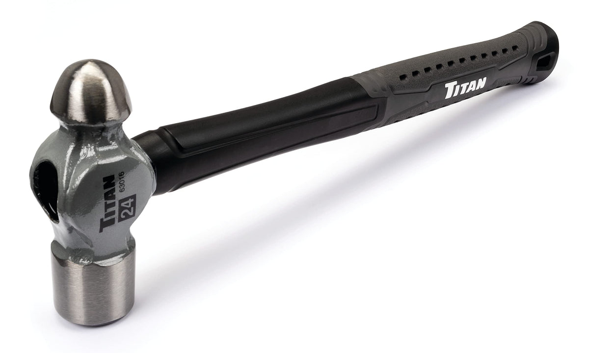 Titan 63016 24oz Ball Pein Hammer, Forged Steel Head, 13.5" Shock Absorbing Fiberglass Handle with Textured Rubber Grip