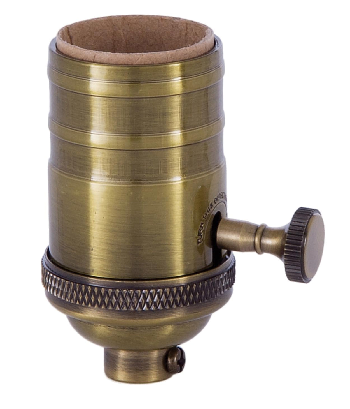 B&P Lamp® Heavy Turned Brass Socket with Brass Knob, Polished and Lacquered Finish, 3-Way Function, No Uno Thread