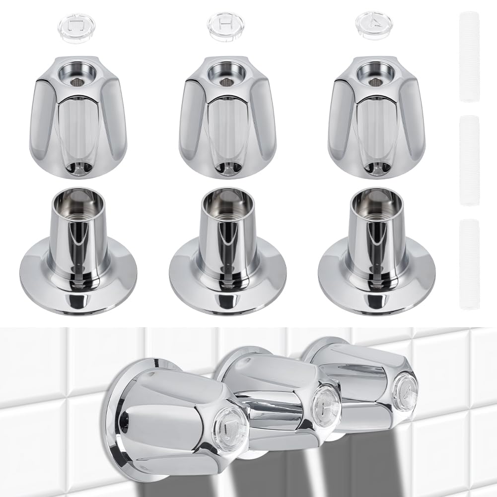 AHANDMAKER 3Pcs Bathtub Shower Knobs Replacement, Universal Faucet Control Handle Hot Cold & Diverter Handle Set Metal Tub Knob Replacements for Easy Bathroom Remodel