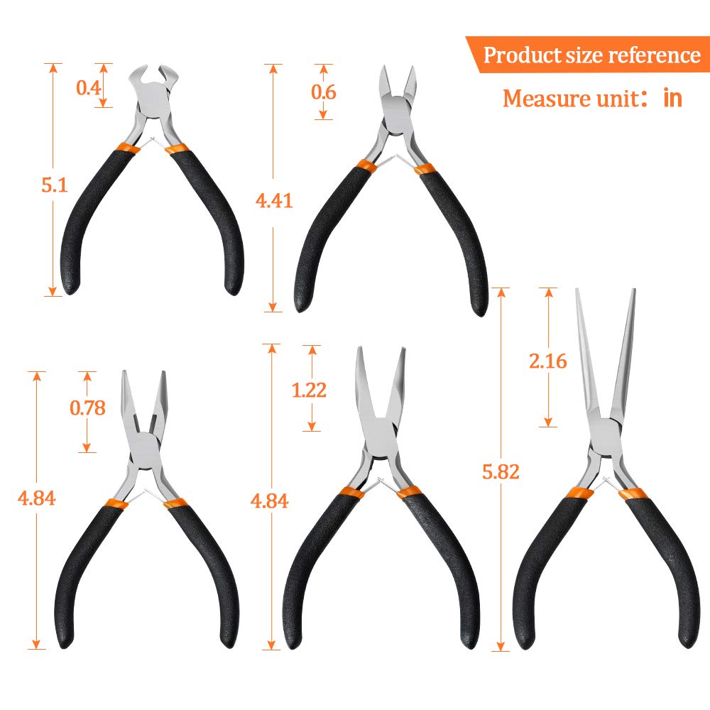 SOONAN 5 Pieces Mini Pliers, Long Lasting Tool Set Cable Cutters – Long Needle Nose, Long Nose, Nipper Bent Nose, End Cutting, Diagonal Cutting, Precision Pliers Set
