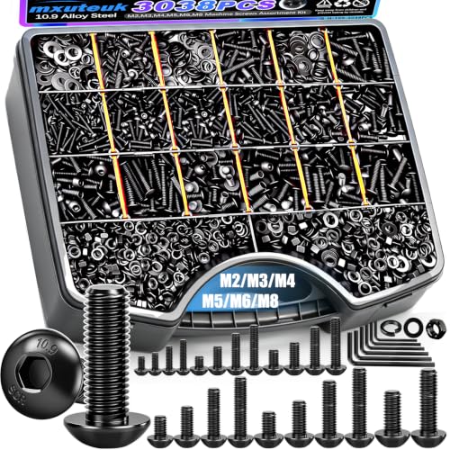 mxuteuk 3038PCS Metric Screw Assortment Kit,M8/M6/M5/M4/M3/M2(4mm-45mm Long) Machine Screws,10.9 Grade Alloy Steel Hex Button Head Cap Screws Nuts and Washers Assortment Kit for 3D Printing DIY