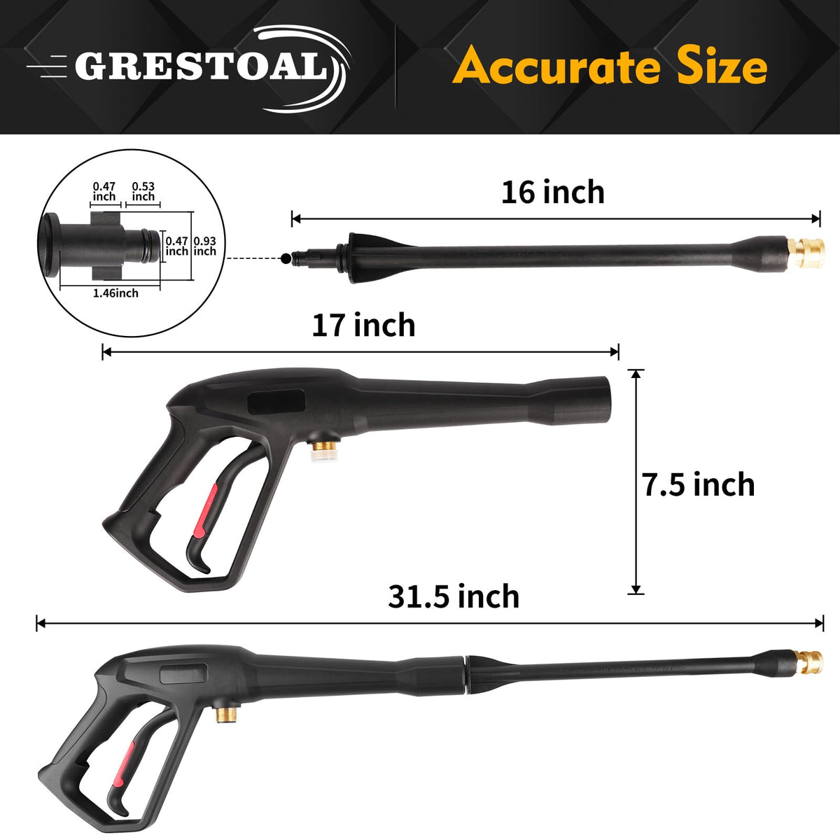 GRESTOAL Pressure Washer Gun with Replacement Extension Wand, 5 Spray Nozzle Tips, Pressure Washer Parts Compatible with Karcher, Ryobi, Greenworks, Powerstroke Electric Power Washer, 2000 PSI