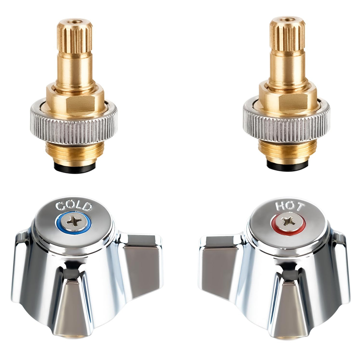 Phivan 4" Brass Faucet Handle Cartridge Replacement Stem Assembly Faucet Valves Hot and Cold Knob Handle Kit with Stem for Kitchen & Bathroom Knob Handles