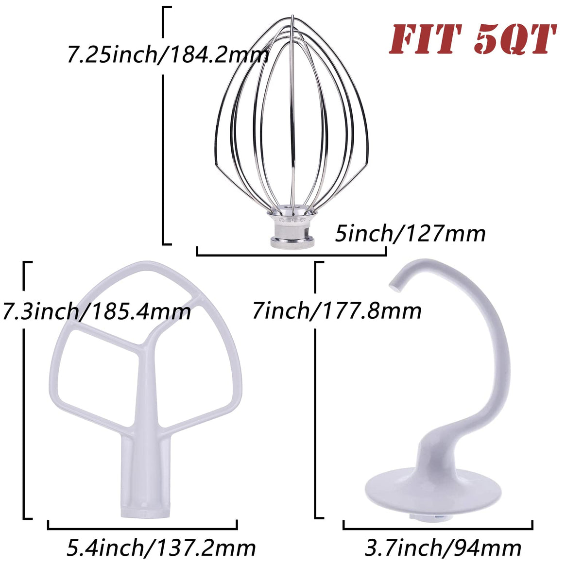 ELSOON K5ADH Dough Hook & K5AB Flat Beater & K5AWW Wire Whip-3 Pieces Replacement for KitchenAid 5-QT Bowl-Lift Stand Mixer