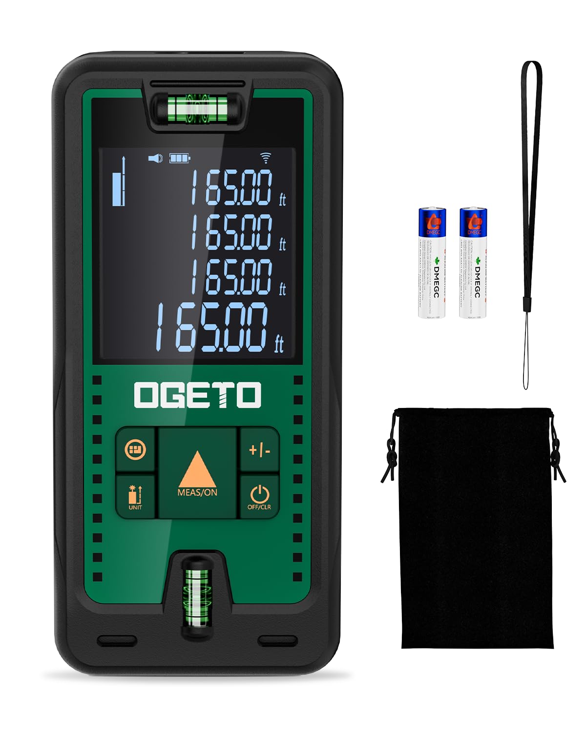 Laser Measure, Ogeto 165 Feet Digital Laser Distance Meter with 2 Bubble Levels,M/in/Ft Unit Switching Backlit LCD and Pythagorean Mode, Measure Distance, Area and Volume