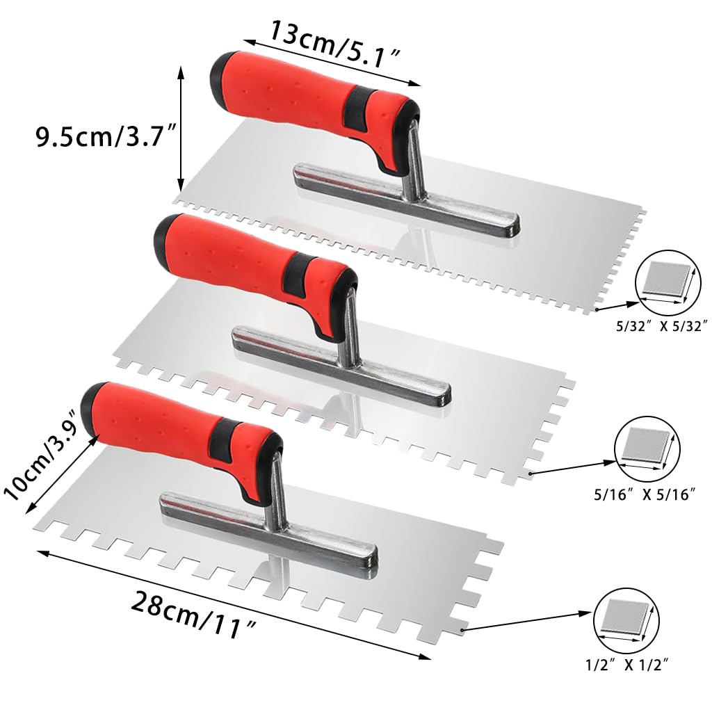 ESreake 5Pcs Square Notched Trowel Set,Stainless Steel Concrete Trowels Margin Flooring Trowel,Masonry Hand Tool with Soft Grip Handle for Wall Floor Tiling Installation