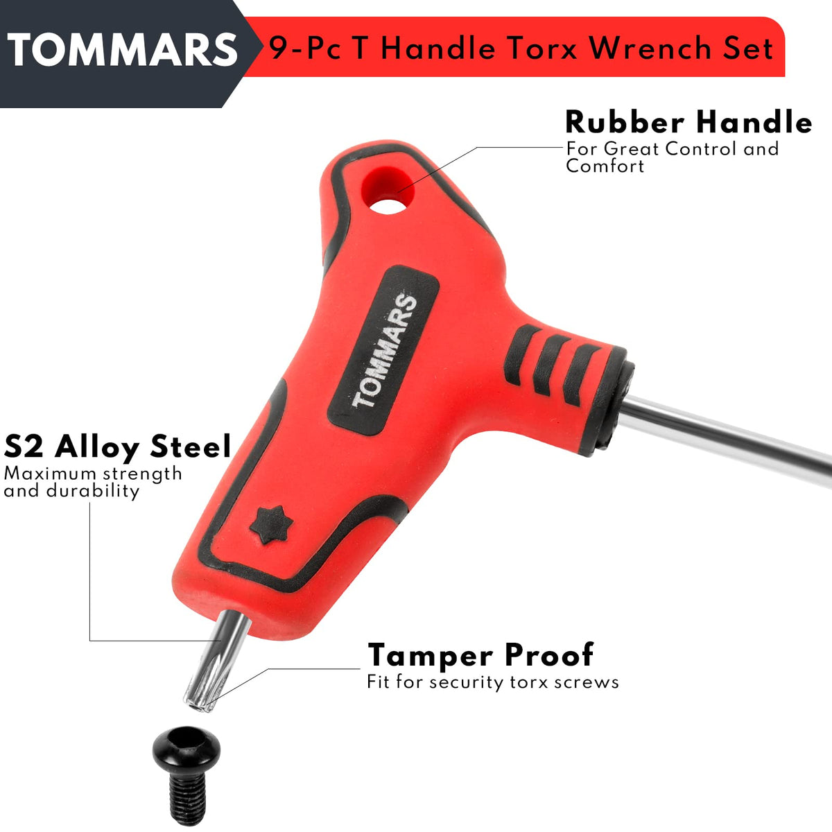 TOMMARS 9PC T-Handle Torx Wrench Set, Tamper Proof, T10-T50