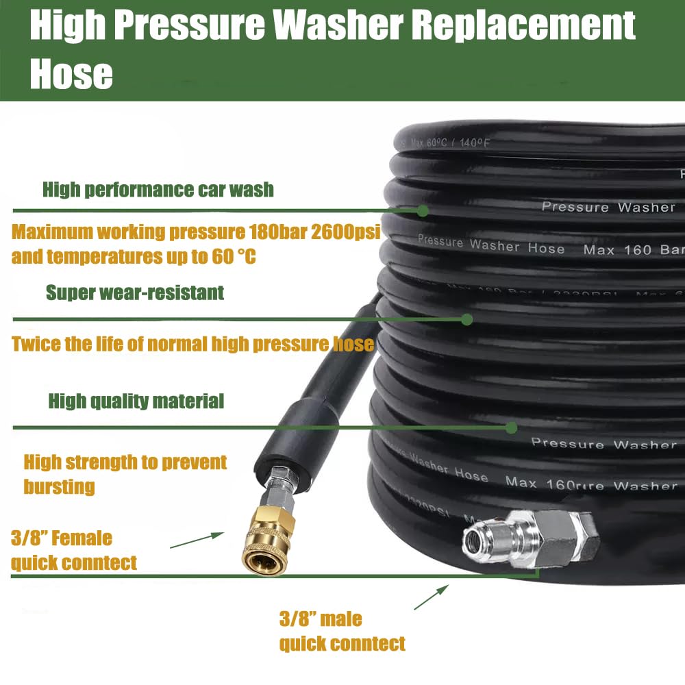 3/8" Pressure Washer Hose, 20FT Power Washer Hose High Pressure Hose Replacement Hose 3/8 Inch Quick Connect for Power Washer