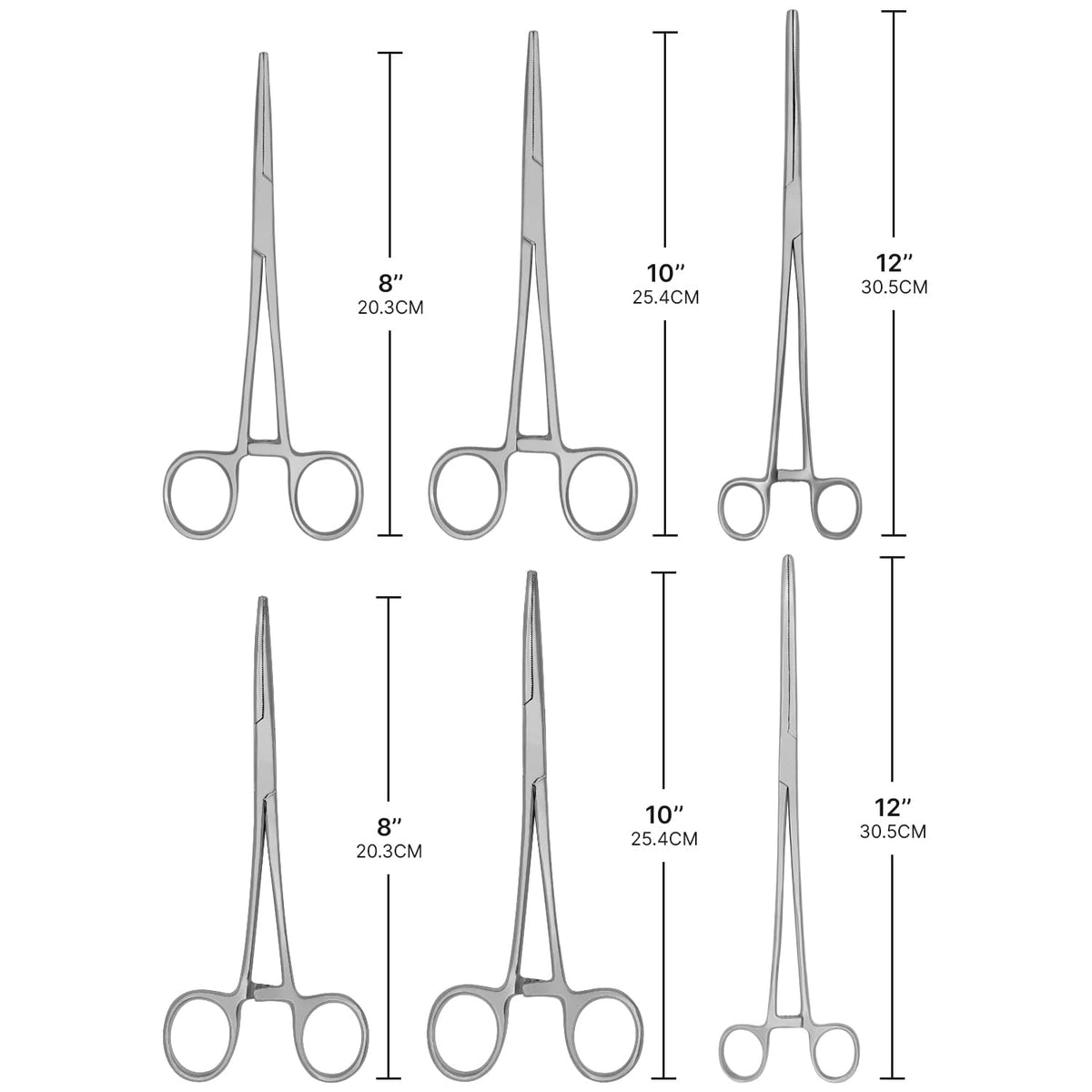 Hemostats ROCHESTER PEAN Forceps Locking Pliers Clamps Tongs Full Serrated Stainless Steel set (Curved 5,6.25,7.25, 8,10,12 Inches 6 pcs Set)