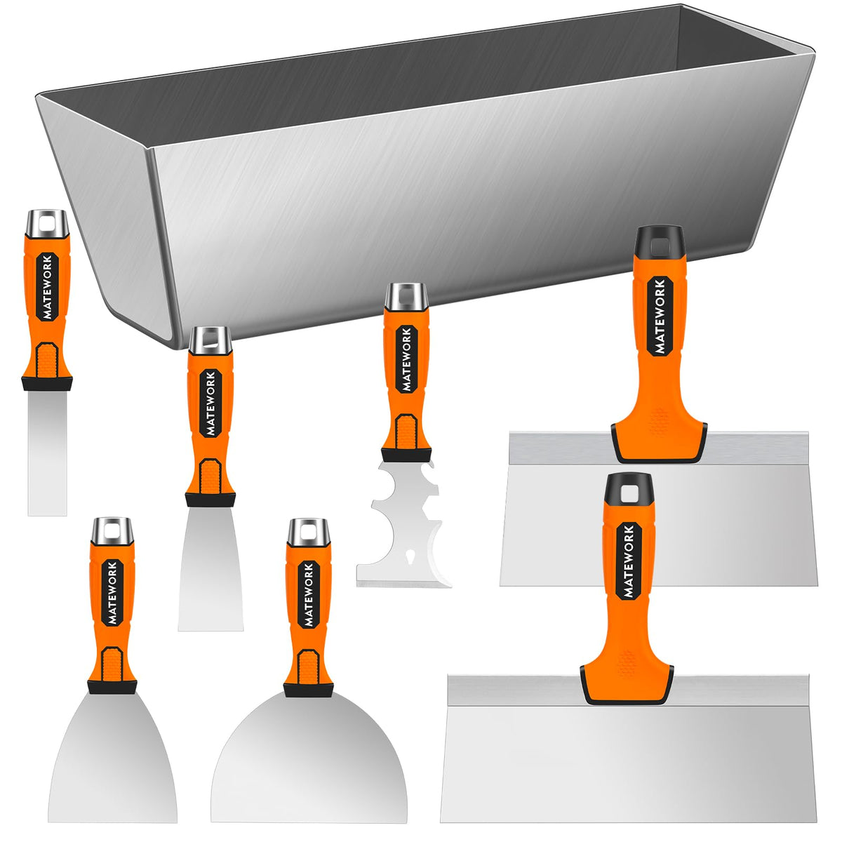 Matework 8Pcs Drywall Tools & Putty Knife Set with Hammer End, Mud Pan
