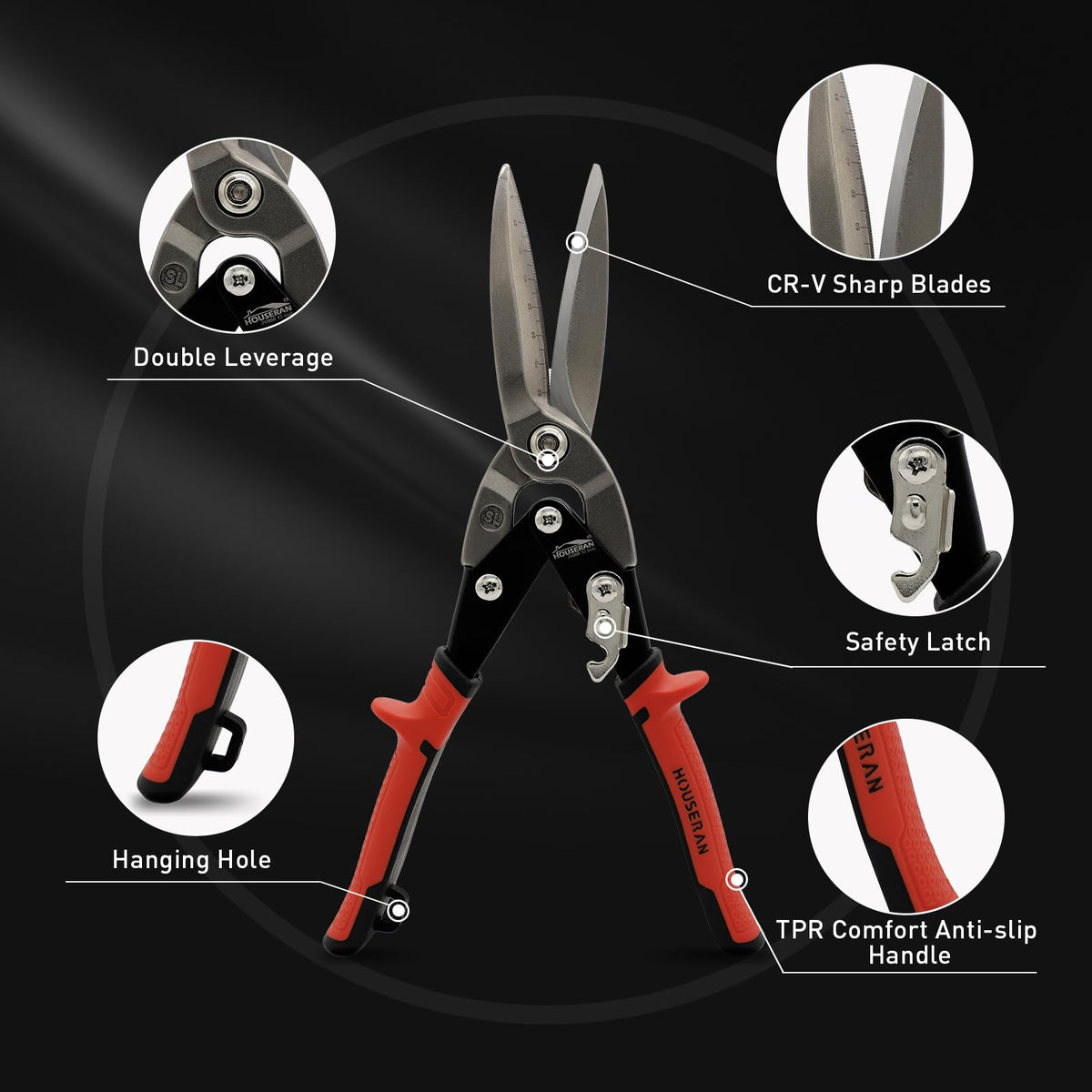 HOUSERAN 12 Inch Aviation Snips, Long Straight Cut Tin Snips, Heavy Duty CR-MO Metal Cutters with Double Lever, Scale Markings & Safety Lock, Shears Scissors for Cutting Metal Sheet