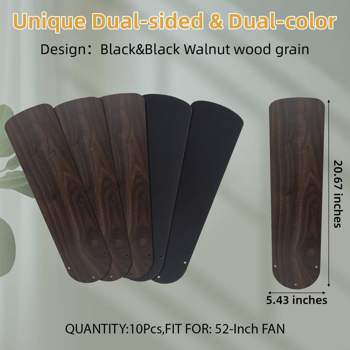 UPSEED 10 Pcs 52 Inch Ceiling Fan Replacement Blades, Sturdy Wood Blades, Black&Black Walnut, Pre-Drilled Holes, Indoor/Outdoor Use, Universal Fan Blades, Easy Installation