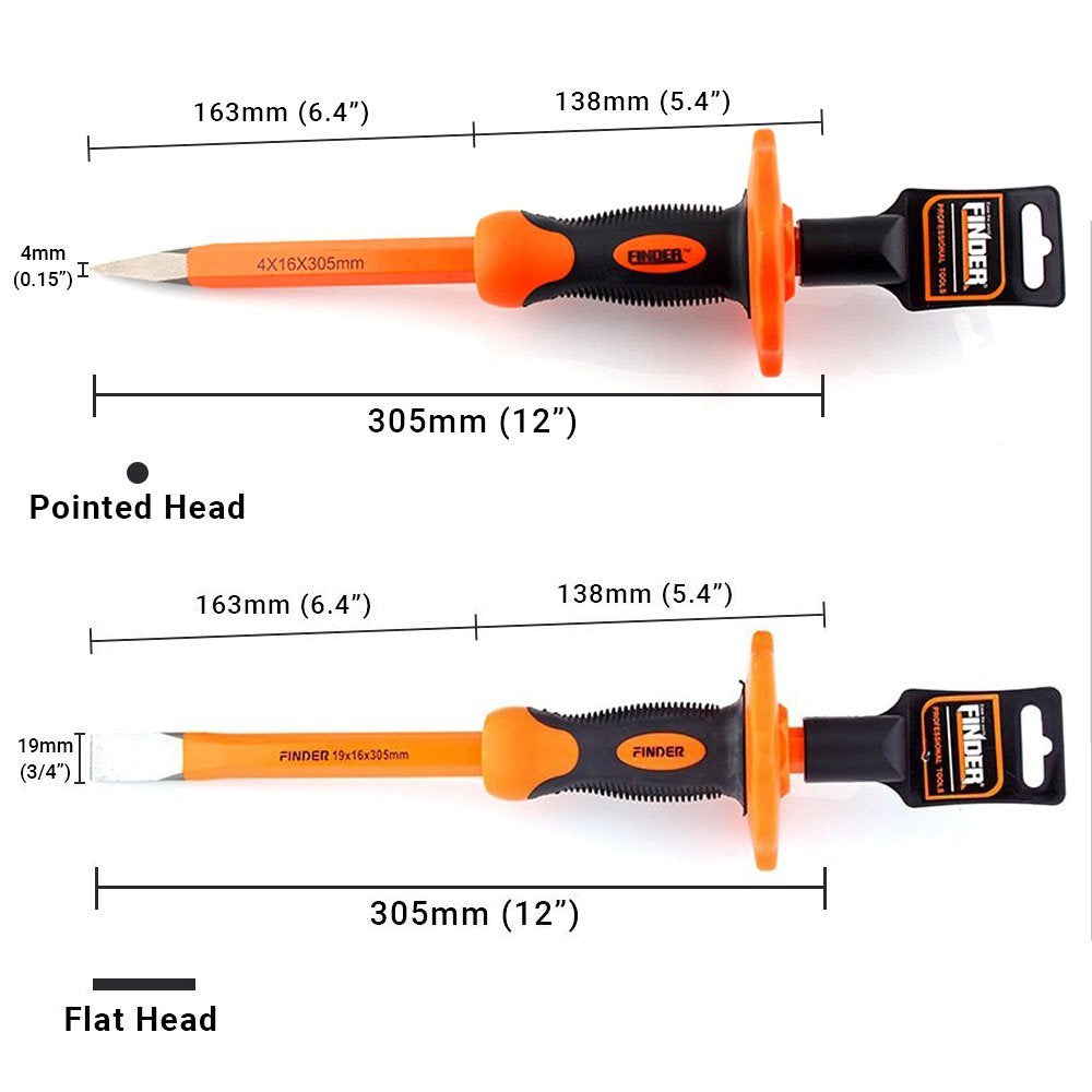 Finder 2 pcs 12-Inch Heavy Duty Chisels Set With Hand Protection, Flat Head and Pointed/Spear Head, Demolishing/Masonry/Carving/Concrete Breaker Chisels set with Bi-Material Hand Guard …