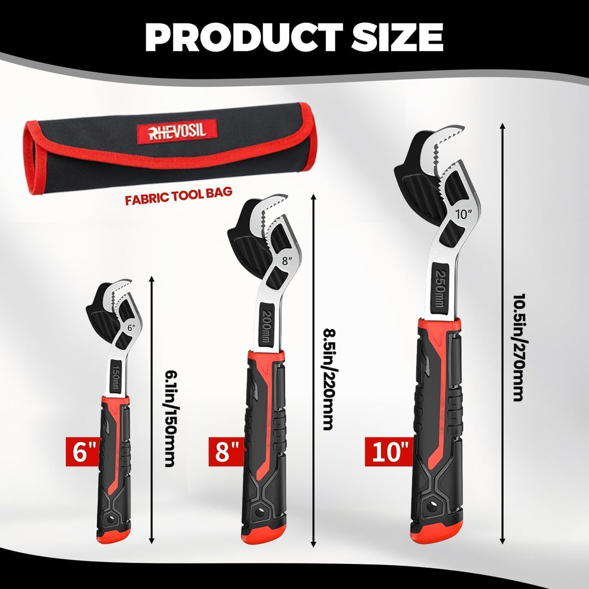 3 Pack Self-Adjusting Pipe Wrench Set, 6”, 8”, 10” With Storage Bag