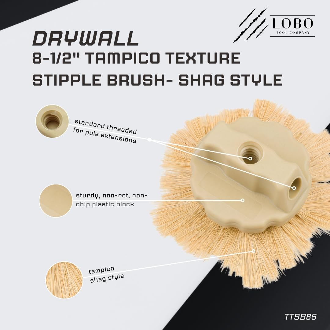 Lobo Tools 8-1/2" Tampico Shag Style Drywall Stipple Brush – Professional Ceiling Texture Brush for Consistent Stomp Patterns and Stipple Impressions