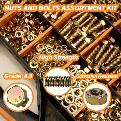 1460PCS Nuts and Bolts Assortment Kit - M4 M5 M6 M8 Grade 8.8 Bolts with Nuts & Washers - Heavy Duty Hex Head Bolts Assortment for Automotive Repair, Machinery, Furniture - Zinc Plated