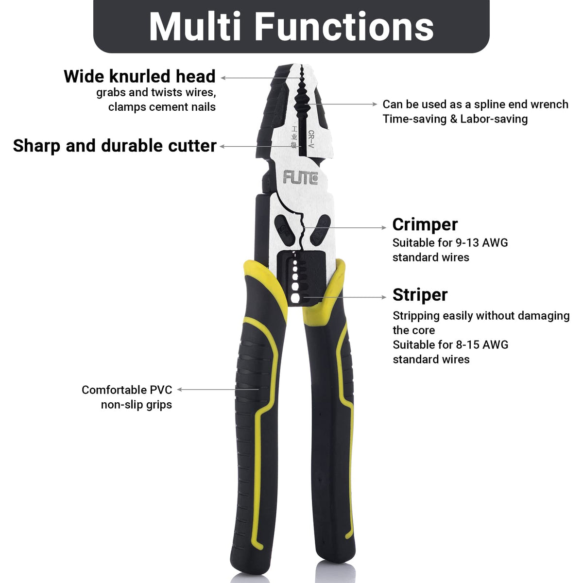 4-in-1 Pro Lineman Plier Tools -9” Combination Pliers with Wire Stripper+Crimper+Cutter+ Winding Function,Industrial Grade Linesman Plirs-Chrome Vanadium Steel Forged
