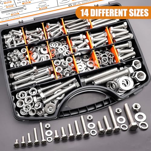 mankk 312PCS Hex Bolts and Nuts Assortment Kit,4 Sizes (1/4-20,5/16-18,3/8-16,1/2-13") 304 Stainless Steel Hex Bolts and Nuts Washers Kit Hardware Screws Set Flat & Spring Lock Washers