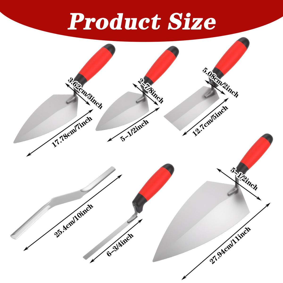 Kuyeyzu 6 Pcs Masonry Hand Tools Set Includes 11" Brick Trowel, 2 Pointing Trowels, 5" Margin Tool, 11.5" Tuck Pointing Tool, and 5/8" x 1/2" Convex Brick Jointer
