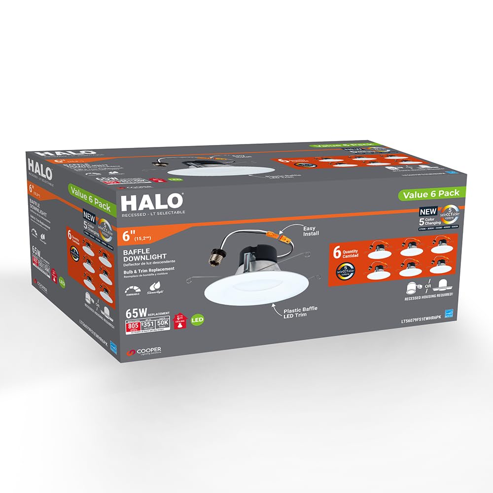 HALO LT 5/6 inch LED recessed Can Light Trim, 5 CCT, Dimmable, 750lm 6PK