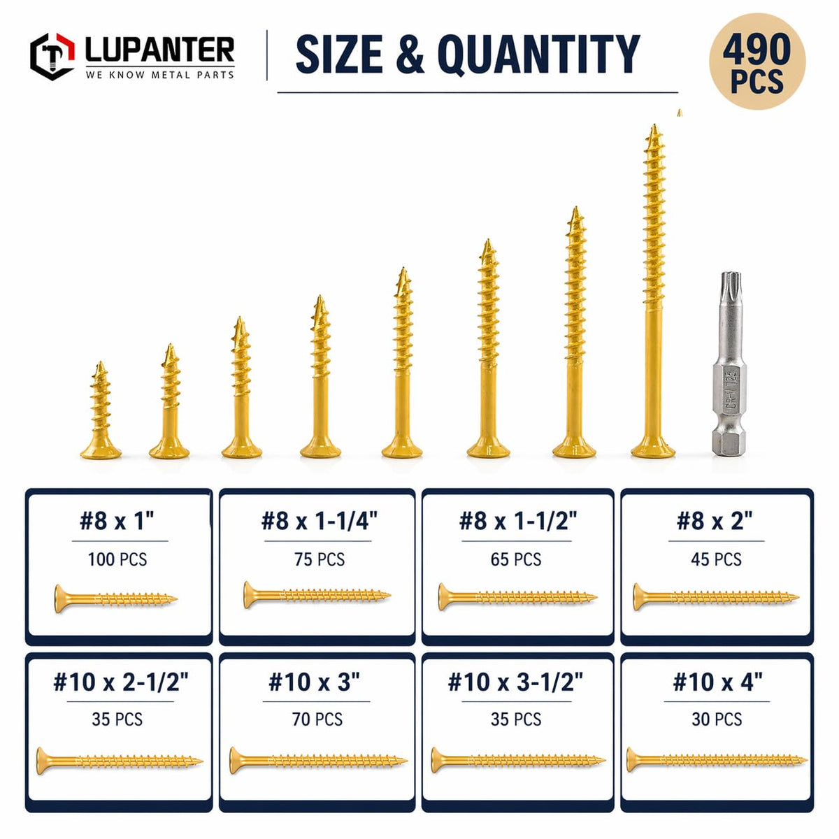 Deck Screws Assortment Kit, #10 x 3'', 3-1/2'', 2'', 4'', #8 x 1'', 1-1/4'', 1-1/2'', 2'', Multi-Size Fasteners Set for Decking and Outdoor Wood Projects, 490 Pack