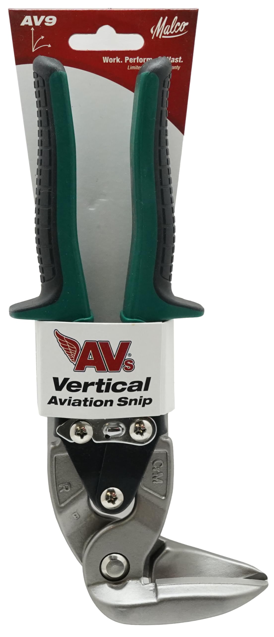 Malco AV9 Vertical Aviation Snip – RIGHT Cut - Green Grip, 90° Upright Jaws for Tight Spaces & Overhead, 24-Gauge Steel & 28-Gauge Stainless, Serrated Upper Jaw, Forged Steel, HVAC & Roofing