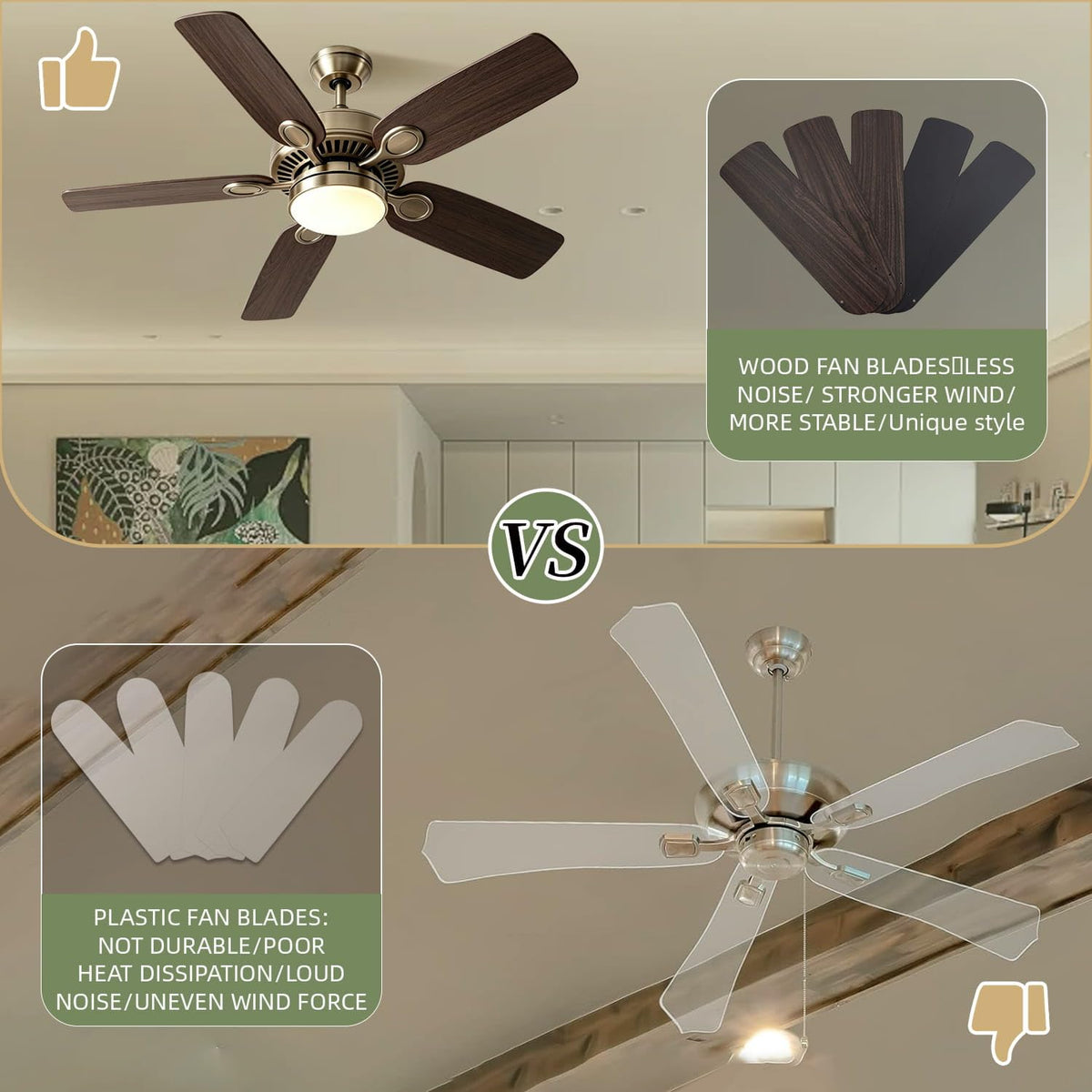 UPSEED 10 Pcs 52 Inch Ceiling Fan Replacement Blades, Sturdy Wood Blades, Black&Black Walnut, Pre-Drilled Holes, Indoor/Outdoor Use, Universal Fan Blades, Easy Installation