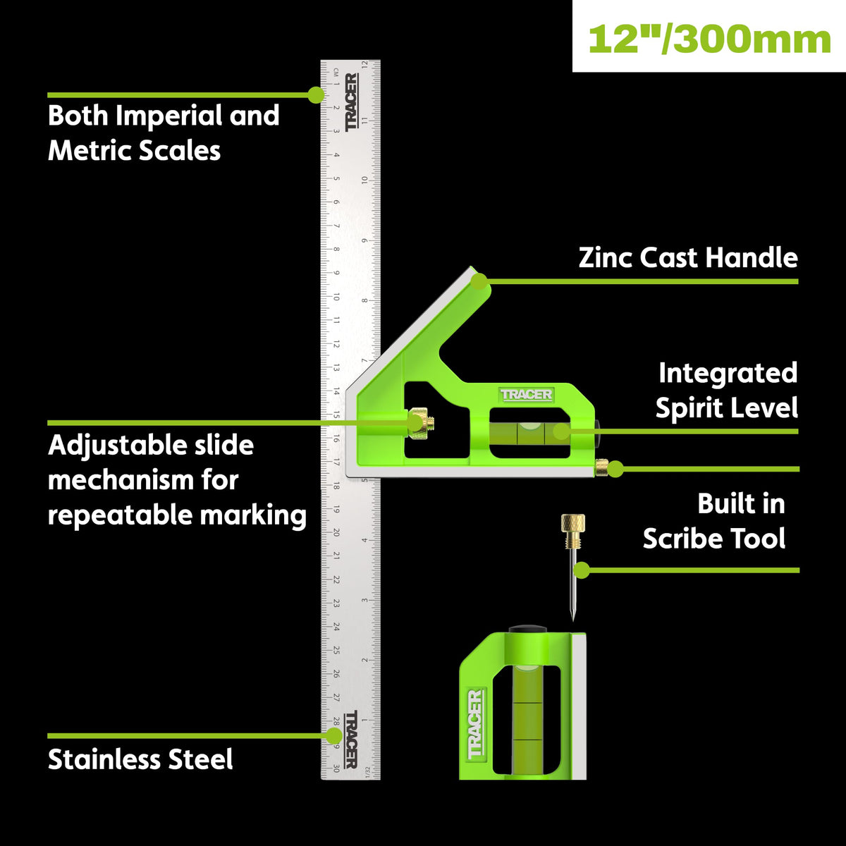TRACER 12 inch Combination Square with Level and Scribe Tool Combo Square