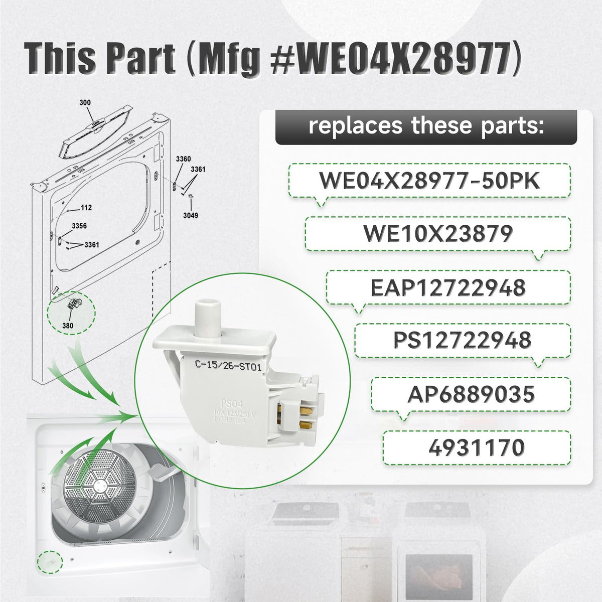 [2026] Upgraded WE04X28977 Dryer Door Switch Compatible with GE Hotpoint Dryer, Replacement Part WE04X28977-50PK, WE10X23879, 4931170, AP6889035, PS12722948, EAP12722948