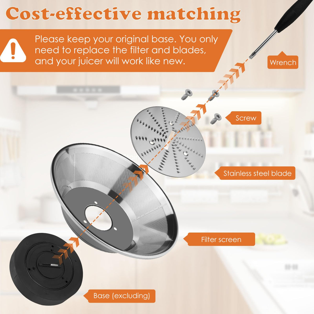 BR-1 Juicer Mesh Filter Basket （No Base）Compatible with Breville Juice Models JE95XL, JE98XL, BJE200XL, BJE510XL, With Mesh Strainer Bowl, Blade, Screws & Wrench,Easy to Replace