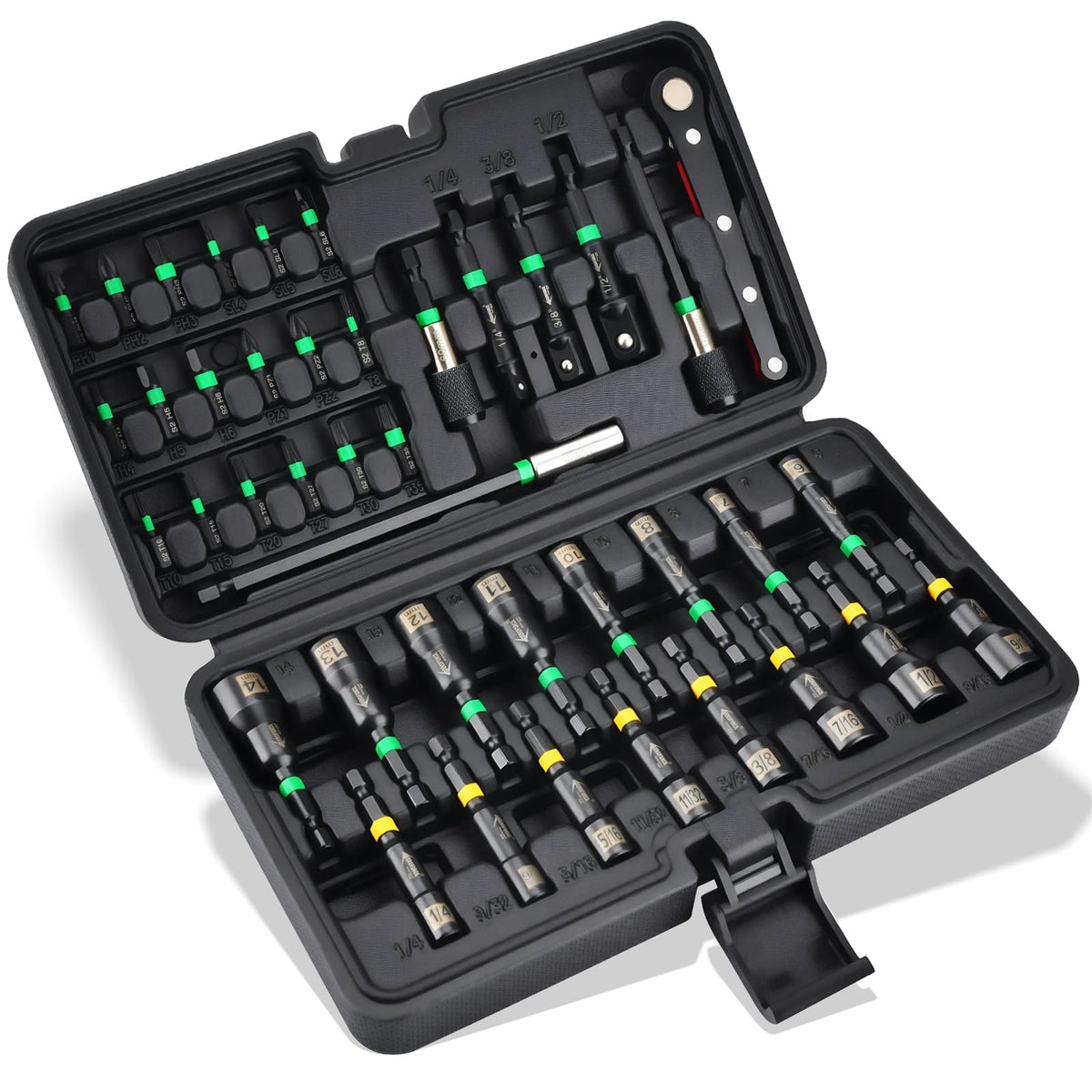 AEROFORCE 41 PCS Magnetic Nut Driver Set, Impact Drill Driver Bit 1/4" Hex Shank, SAE & Metric Cr-V Steel Power Nut Drivers with Quick-release Extensions, Impact Socket Adapters, Bit Holder