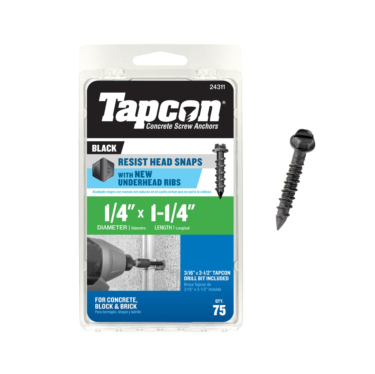 Tapcon 1/4 x 1-1/4" Hex Head Climaseal™ Concrete Screws, Black, 75 PCS