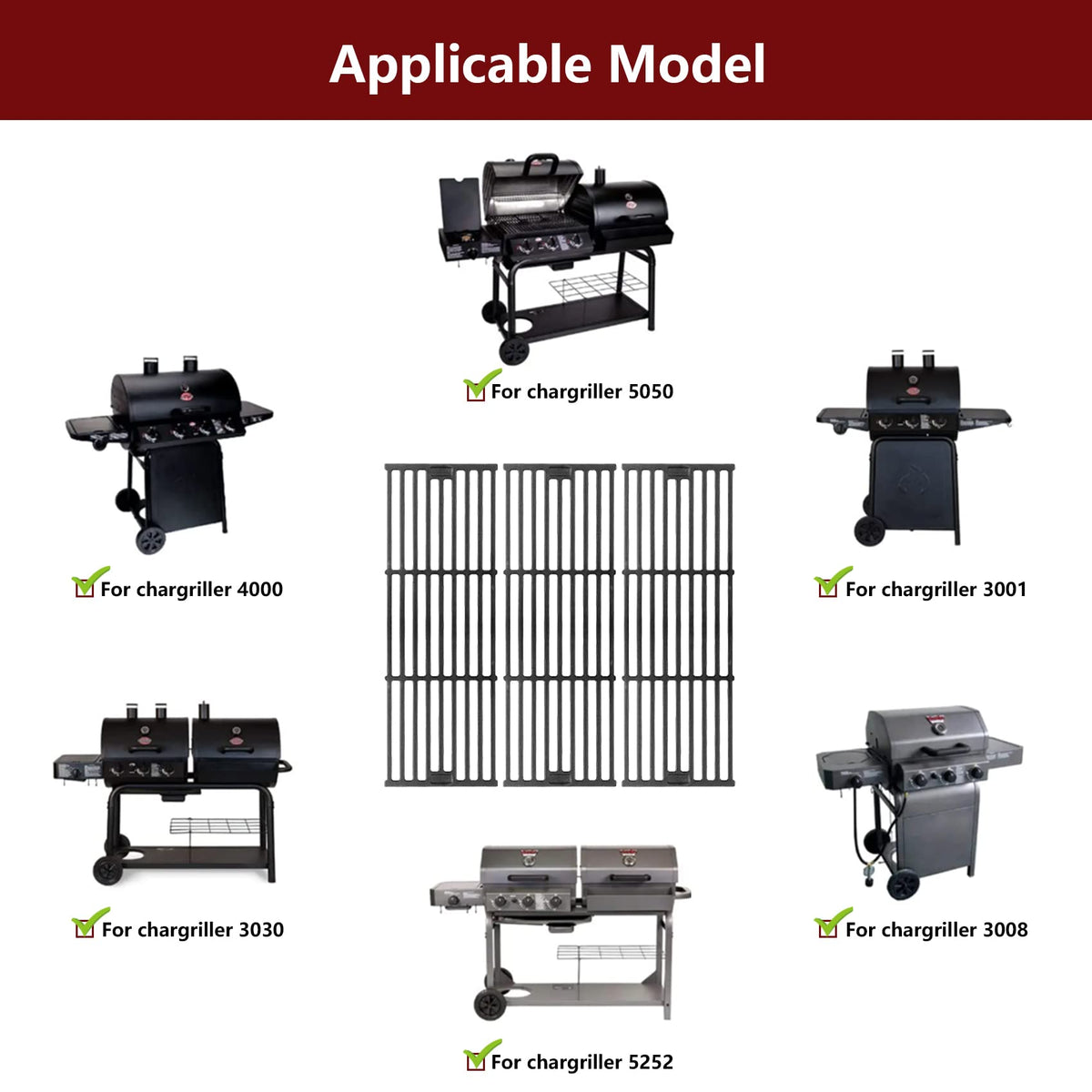 Grill Grates for Char Griller Replacement Parts Cast Iron Chargriller Cooking Grate 2121 2123 2222 2828 3001 3030 3725 4000 5050 5252 5650 9020 Charcoal Smoker Rack BBQ 19 3/4" x 20 1/4"