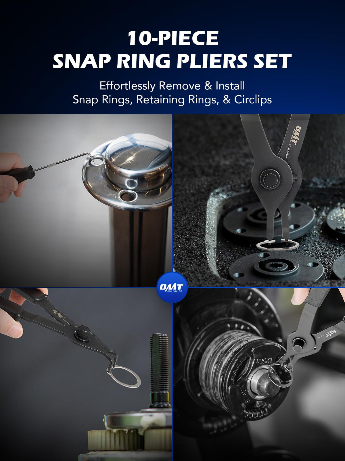 OMT Snap Ring Pliers, 10Pc Internal External Circlip Set With Hook And Pick