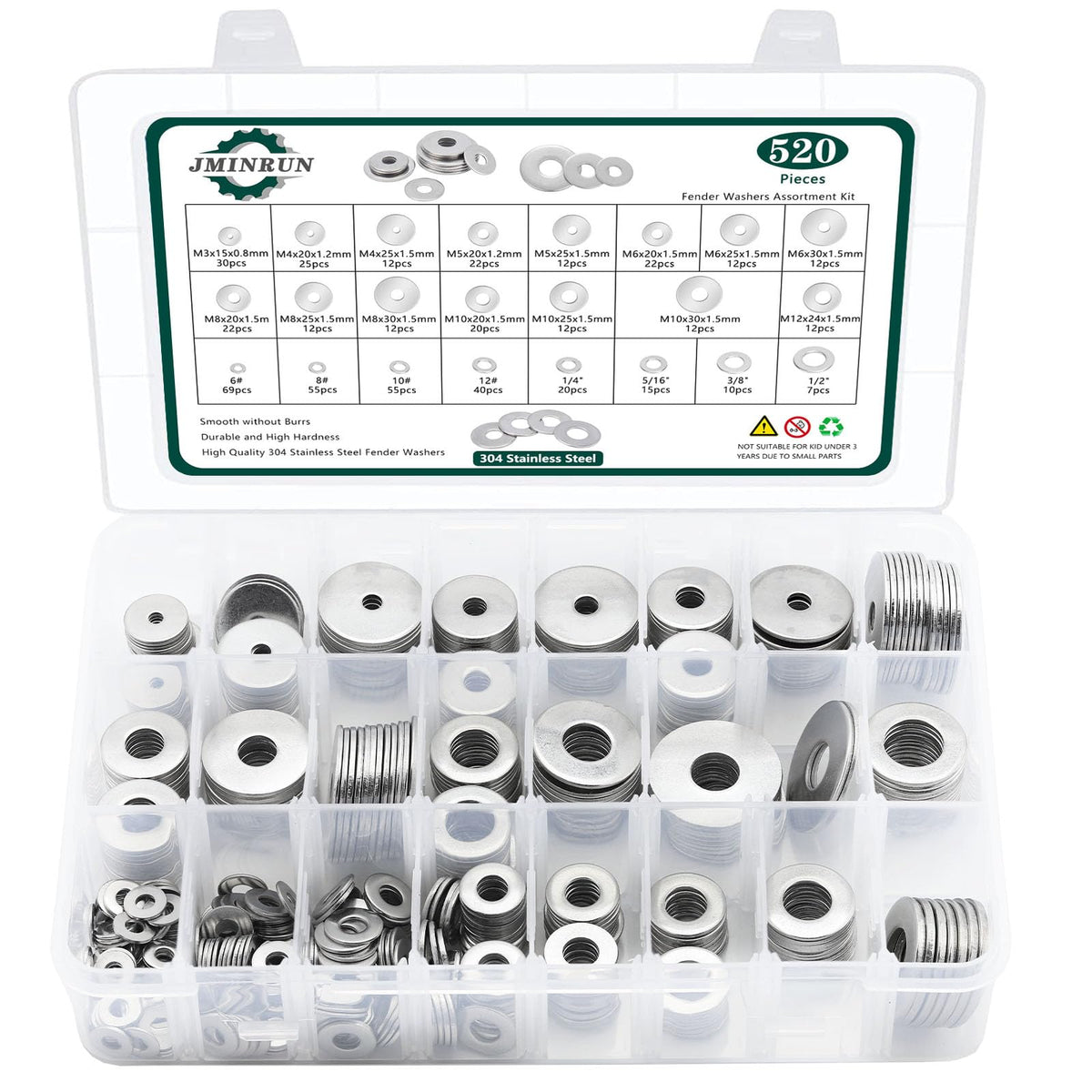 Fender Washers, 520 Pcs SAE + Metric 23 Sizes Flat Washers Assortment Set, 304 Stainless Steel Assorted Hardware Washers Kit for Bolts (M3 M4 M5 M6 M8 M10 M12 6# 8# 10# 1/4 5/16 3/8 1/2)