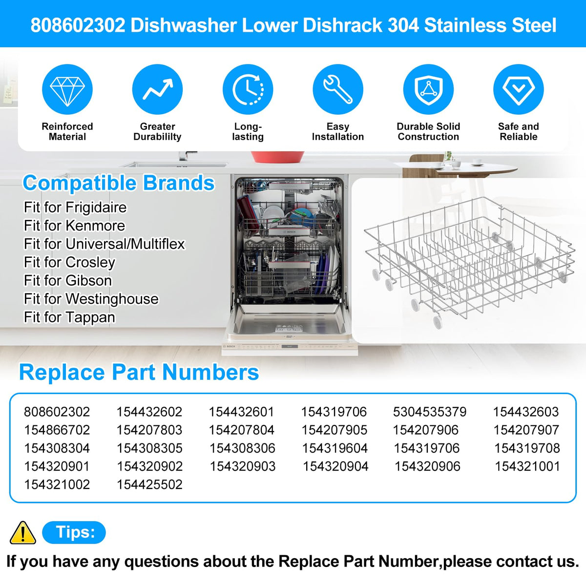 UPGRADED 808602302 Dishwasher Lower Dishrack for Frigidaire Kenmore Dishwasher Rack Replacement Parts with Wheel,808602302 154432602 Frigidaire Dishwasher Rack Parts 304 Stainless Steel Bottom Rack