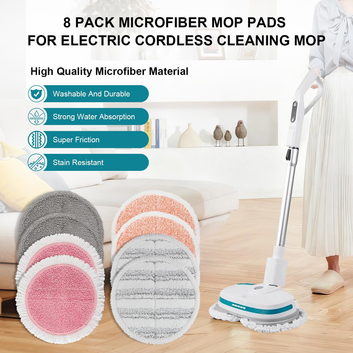 Spin Cordless Electric Mop Pads: 6.5/6.3/6 inch steam/Electric mop Pads Replacement for alfabot/teko/eous/vm6/devoac/kactor/redkey/gobot mop - Round Scrubber Pads for Floor Cleaning 8 Pack