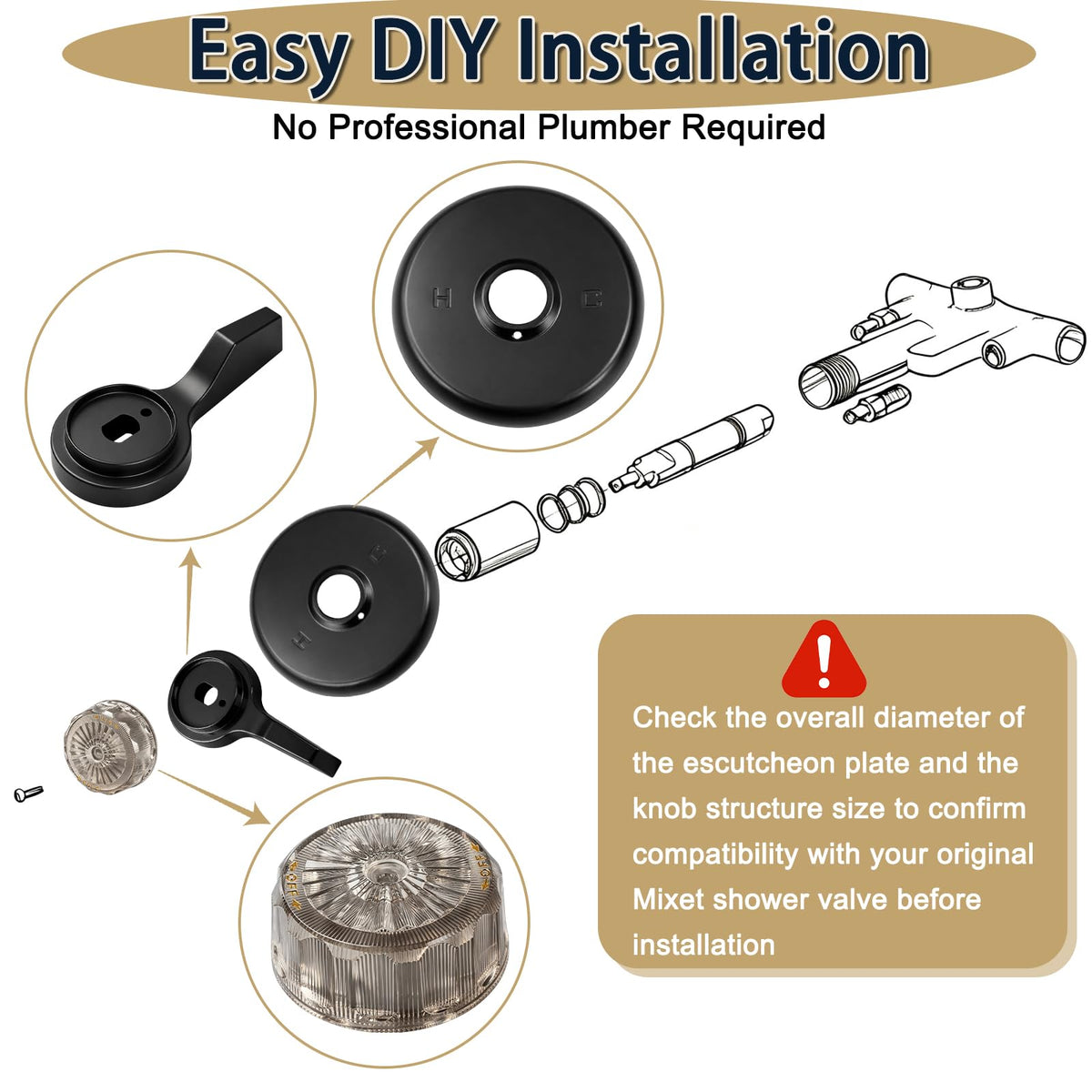 Shower Valves 5-1/2" Trim Kit, Compatible with Mixet MTR-5, Compatible with Mixet Tub and Shower Faucets, Includes 5-1/2 Inch OD Black Flange, Temperature Handle and Volume Control Handle