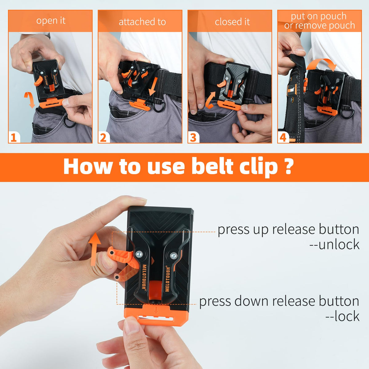 MELOTOUGH Small Electrician Tool Pouch for Tool Belt with Belt Clip Attachment 9 Pockets Tradesman Tool Bag Pouch with Tape Thong Electrician Tool Holster(Orange