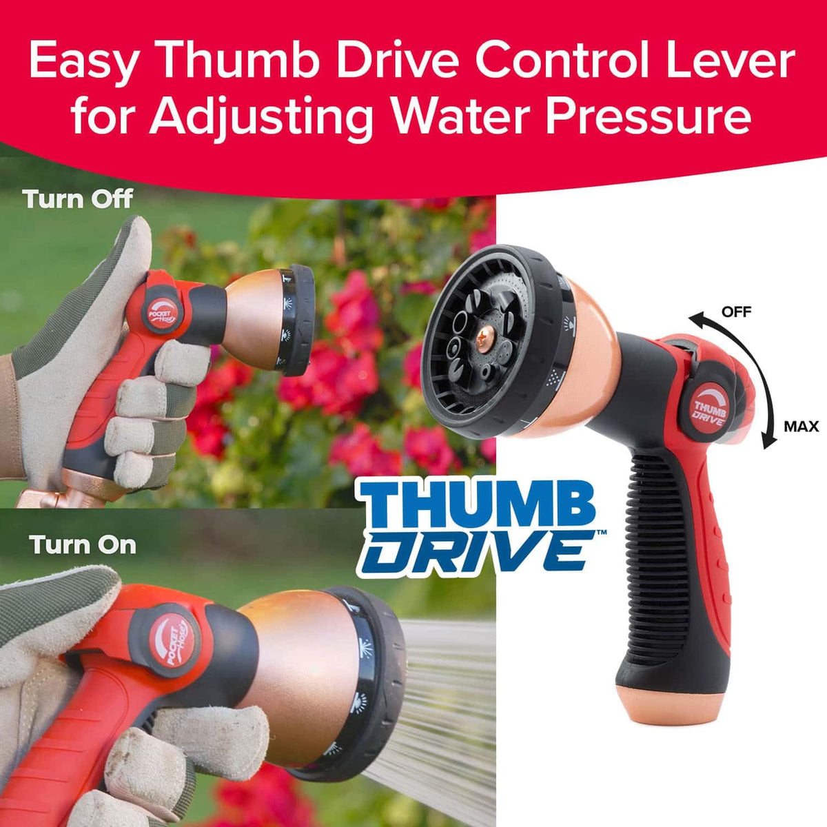 Pocket Hose Thumb Drive Spray Nozzle, 10 Patterns, Easy On/Off, Heavy-Duty