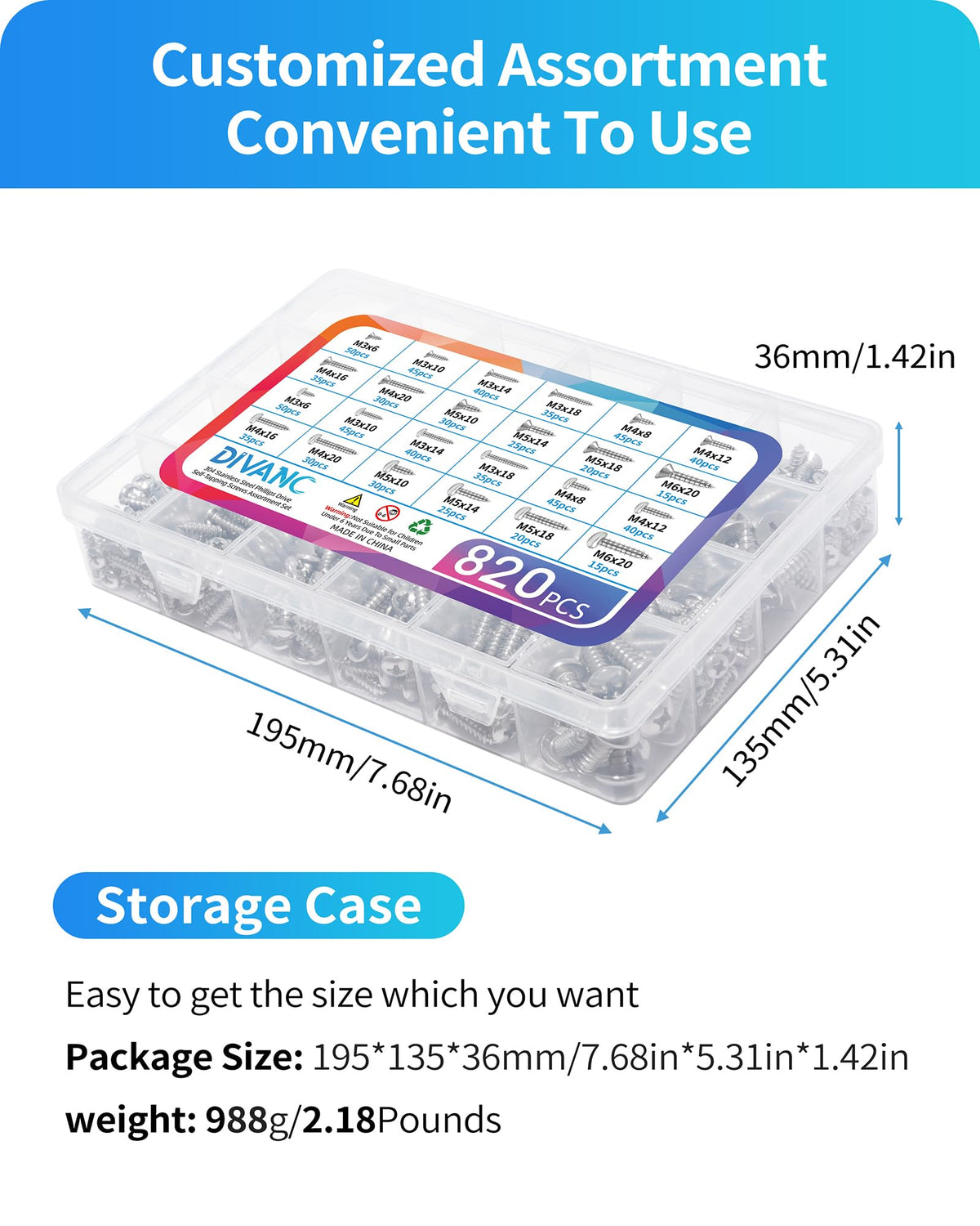 M3 M4 M5 M6 Wood Screws Assortment Set,304 Stainless Steel Assorted Self Tapping Screws Kit Truss Flat Pan Head Phillips Drive Drilling for Deck Drywall Concrete Sheet Metal (Flat & Pan Head 820PCS)