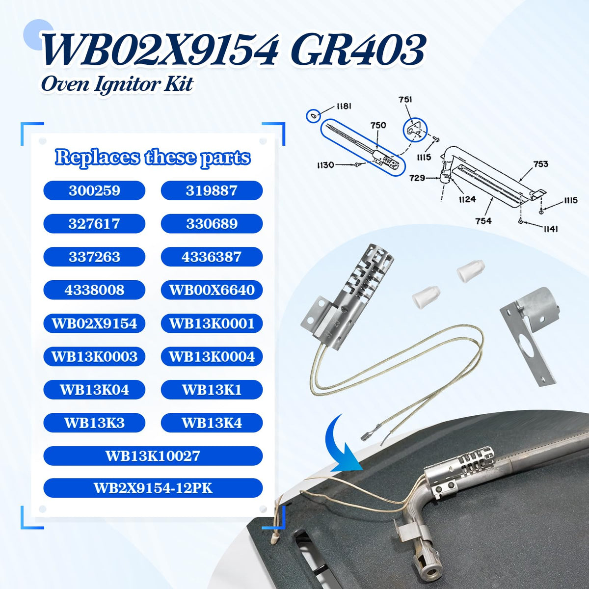 Upgraded WB2X9154 XL44 WB13K10027 Gas Range Oven Stove Round Ignitor Kit(3-1/2'' long 120V 2.5-3.0 A) for GE Hotpoint Kenmore Roper– Igniter Replacement for WB02X9154 WB13K3 WB13K4 300259 GR403