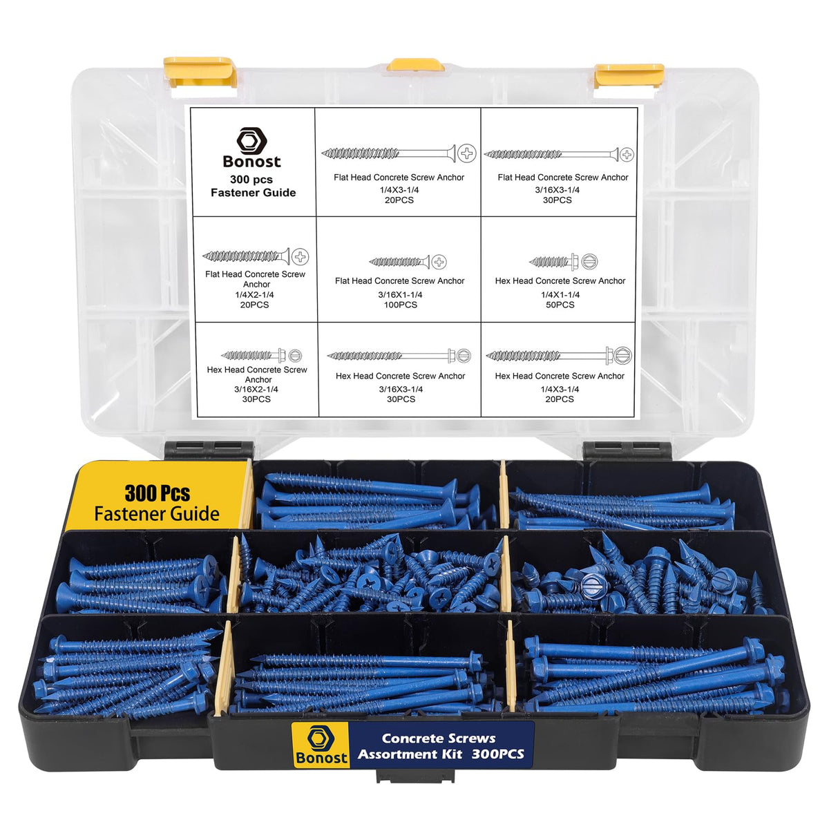 Bonost 300-Piece Concrete Screws Assortment Kit, 1/4 & 3/16 in, 8 Sizes