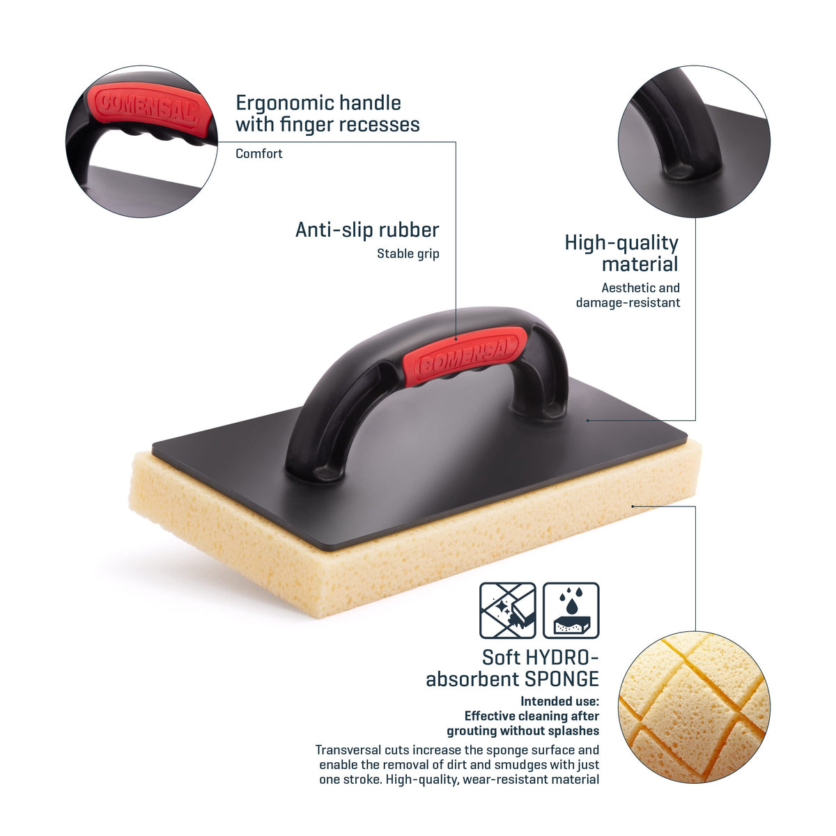 COMENSAL® Sponge Float - Cutted Hydro Sponge - Grouting Sponge - Sponge Float for Plastering - Tiling Sponge - Grouting Tool - Grout Float - Washboy Sponge - Made in EU - 11 x 5.5 Inch (280 x 140 mm)