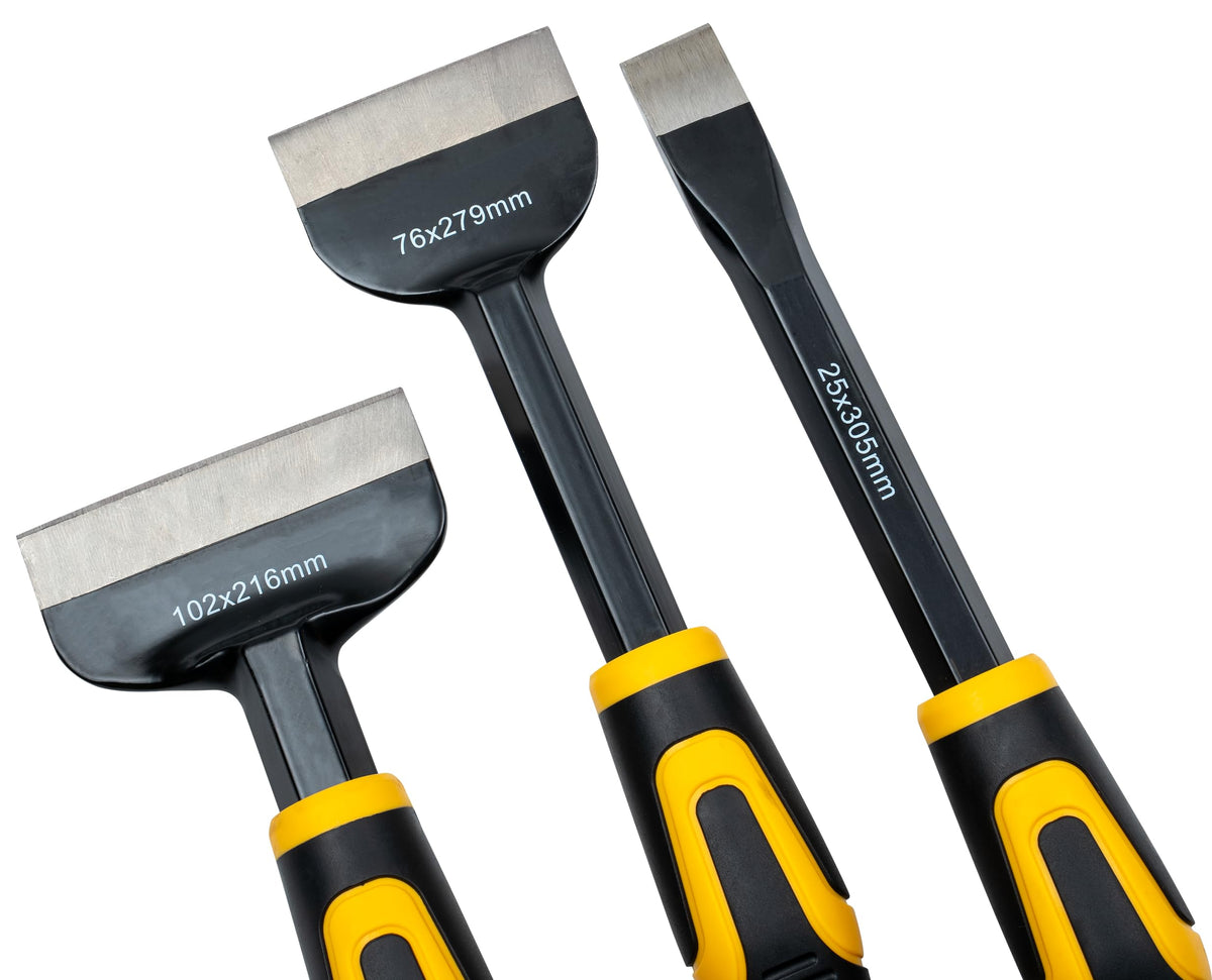 Roughneck ROU31993 Bolster & Chisel Set - 3 Piece Including: Brick Bolster 102x216mm (4x8½in) Electrician’s Bolster76x279mm (3x11in) & x1 Cold Chisel 25x305mm (1x12in)
