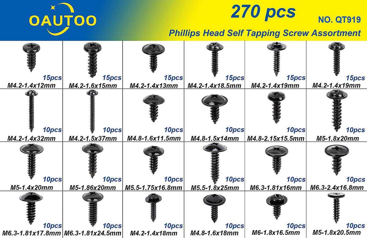 OAUTOO 270pcs Automotive Body Screw Phillips Head Self Tapping Screw Washer Head Screws Assortment Kit #8#10#12#14